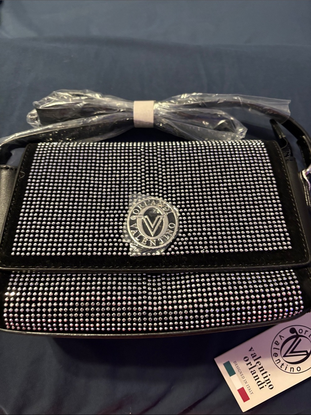 Valentino Orlandi Black Crystal-Studded Crossbody Bag